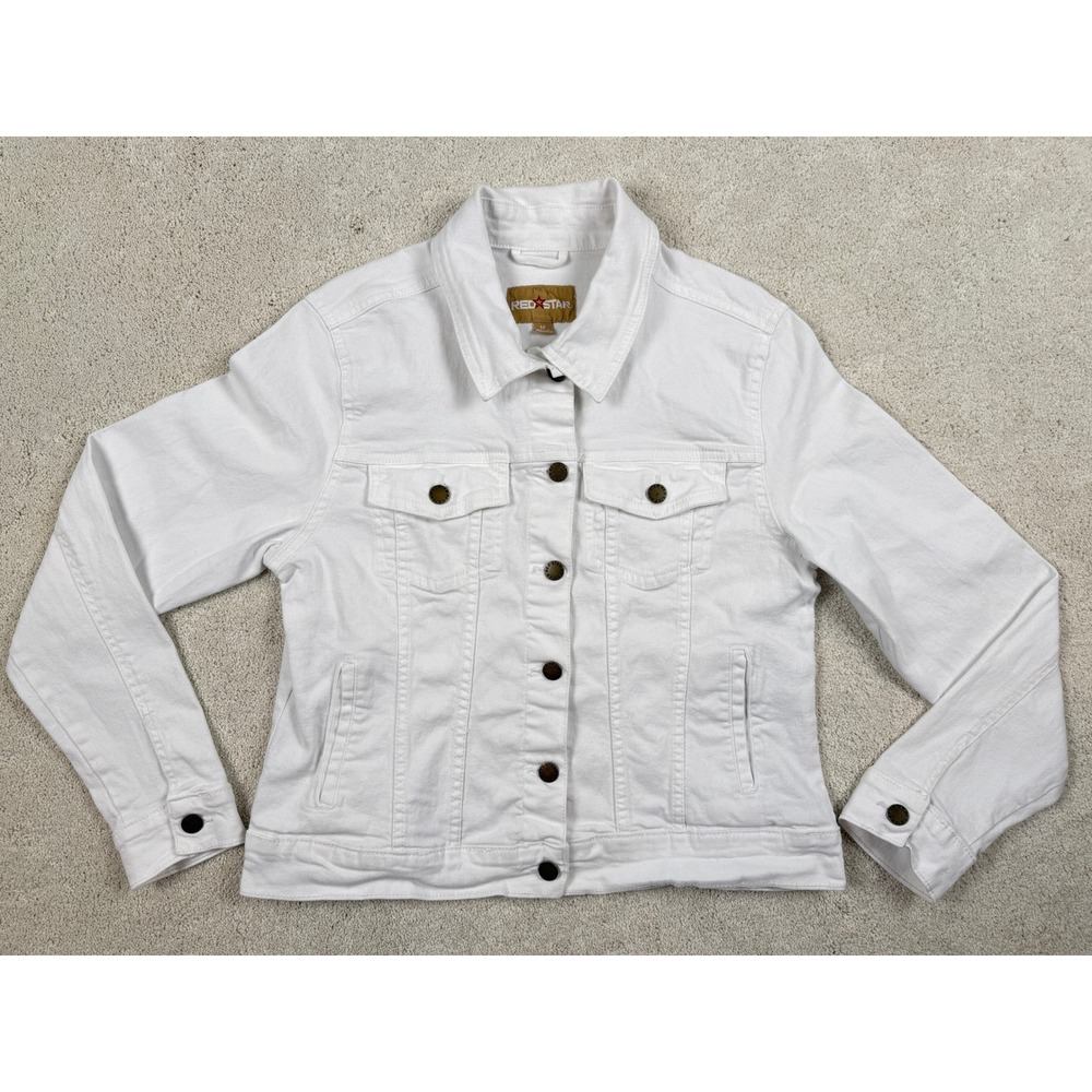 Women's RED STAR Size Medium CLEAN White Chest Pockets Trucker Jean Jacket #1501